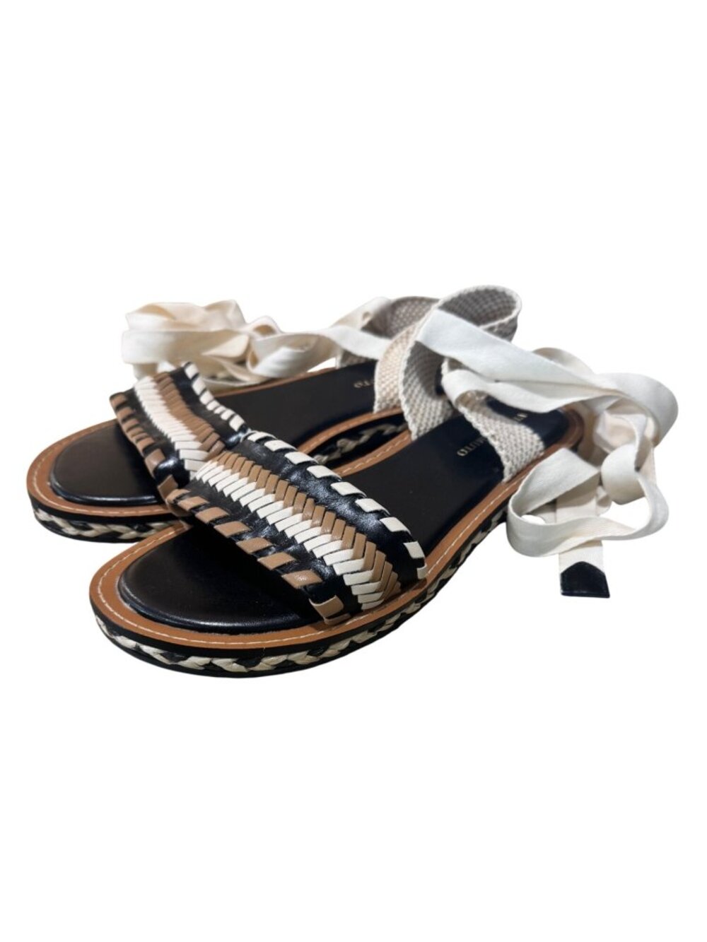 Vince Camuto Womens 7 Chesellis Cream Black Leather Lace Up Sandals Boho Cottage